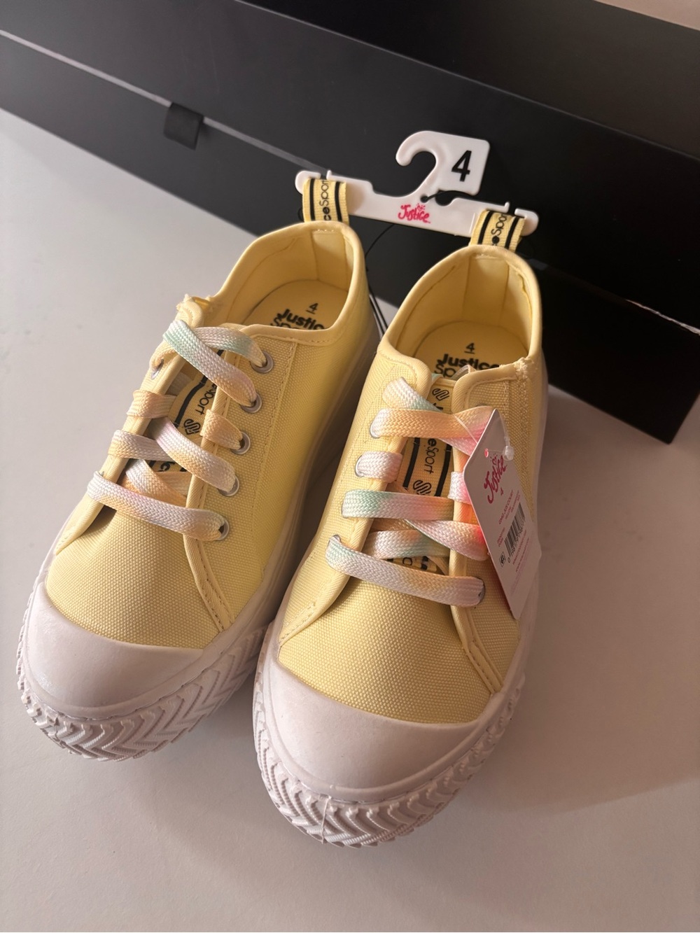 Justice Girls' Yellow Canvas Sneakers with Pastel Rainbow Laces